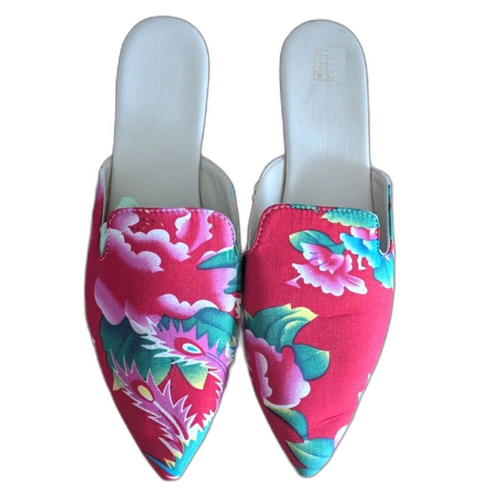 Red and Pink Floral Print Boho Pointy Toe Mules Sz 41